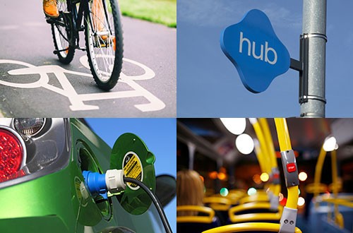 De afbeelding is in vier gesplitst. Linksboven: een fietser op een fietspad. Rechtsboven: een hub-logo aan een paal. Linksonder: een elektrische auto die wordt opgeladen. Rechtsonder: een 'stop'-knopje in een bus.