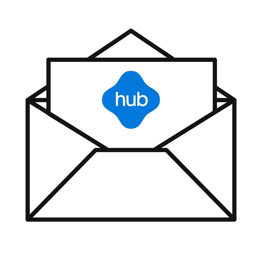 Icoon e-nieuwsbrief hub: een geopende envelop met een brief met hub-icoon